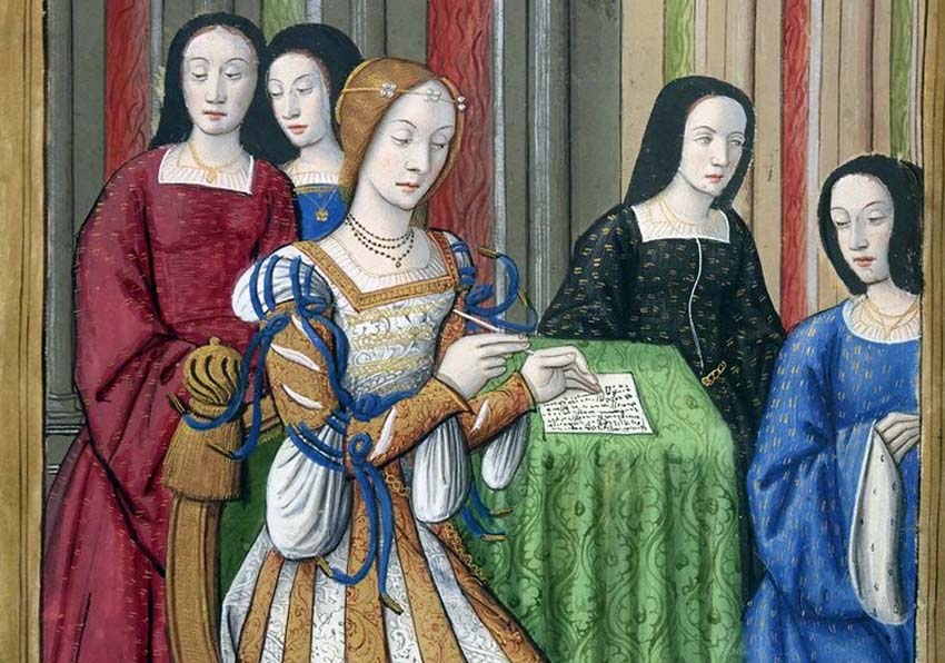 Detail of a painting with five women in a room